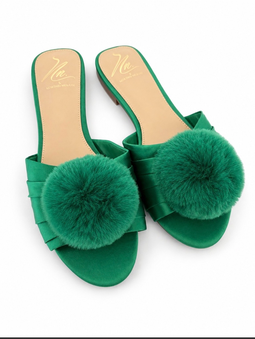 ANTONIO MELANI Green Pom-Pom Satin Slide Mules